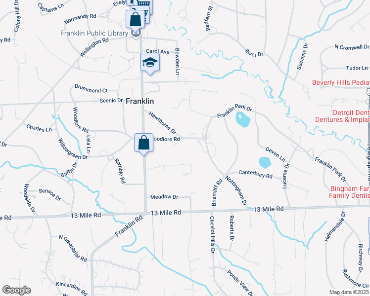 map of restaurants, bars, coffee shops, grocery stores, and more near 25895 Woodlore Road in Franklin