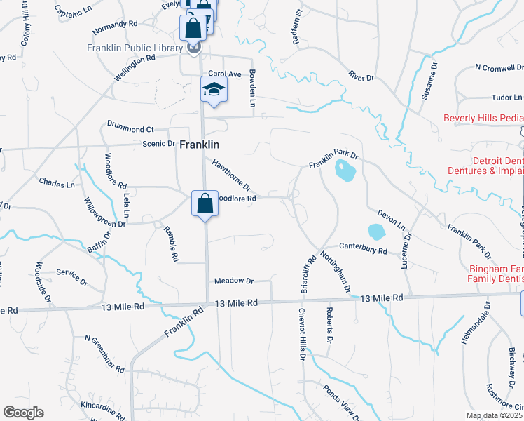 map of restaurants, bars, coffee shops, grocery stores, and more near 25895 Woodlore Road in Franklin