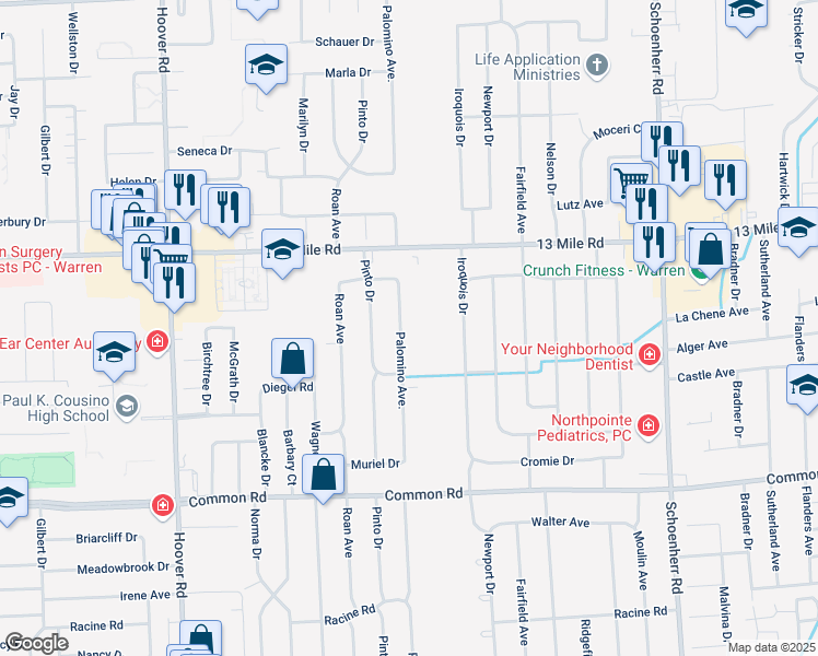 map of restaurants, bars, coffee shops, grocery stores, and more near 30542 Palomino Drive in Warren