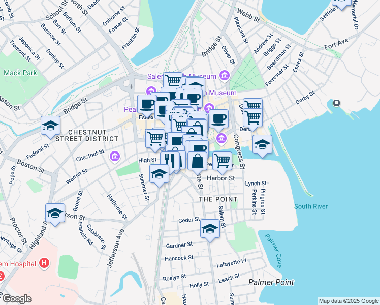 map of restaurants, bars, coffee shops, grocery stores, and more near 29 New Derby Street in Salem