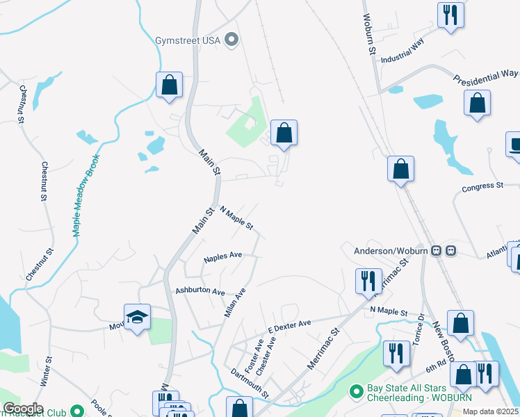 map of restaurants, bars, coffee shops, grocery stores, and more near 3 Virginia Ave in Woburn