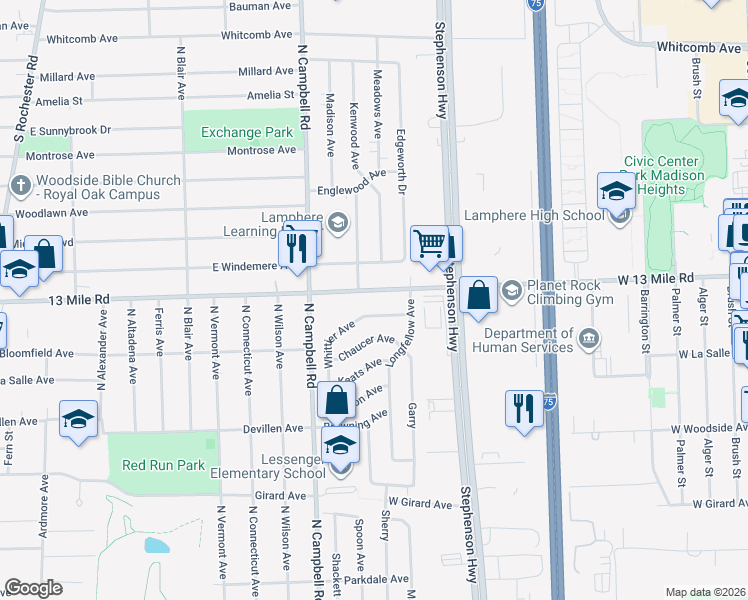 map of restaurants, bars, coffee shops, grocery stores, and more near 30803 Whittier Avenue in Madison Heights