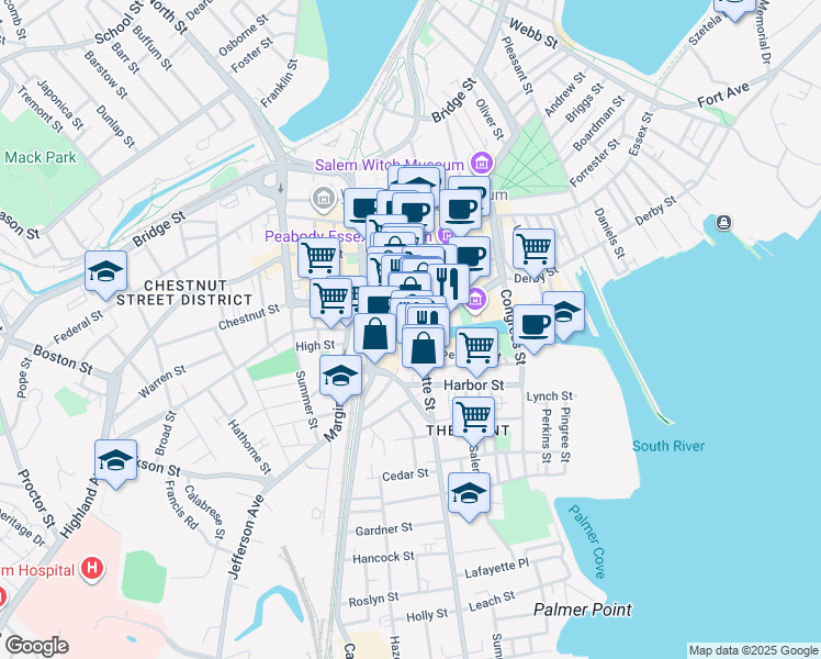 map of restaurants, bars, coffee shops, grocery stores, and more near 76 Lafayette Street in Salem
