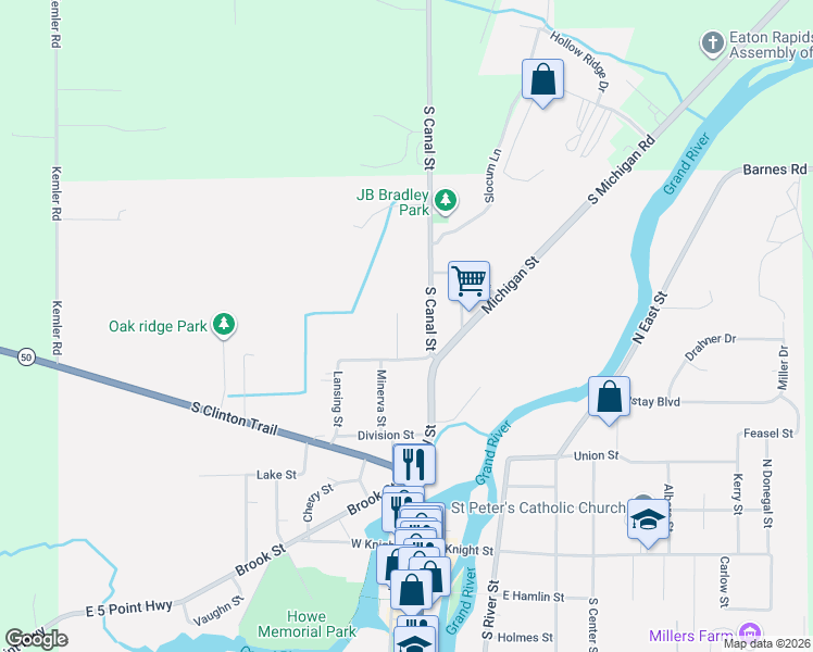 map of restaurants, bars, coffee shops, grocery stores, and more near 511 Clark Street in Eaton Rapids
