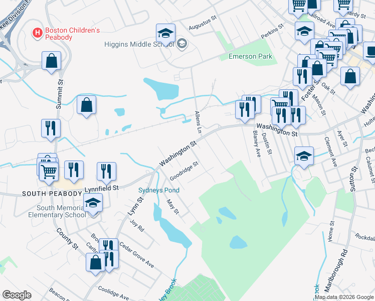 map of restaurants, bars, coffee shops, grocery stores, and more near 272 Washington Street in Peabody