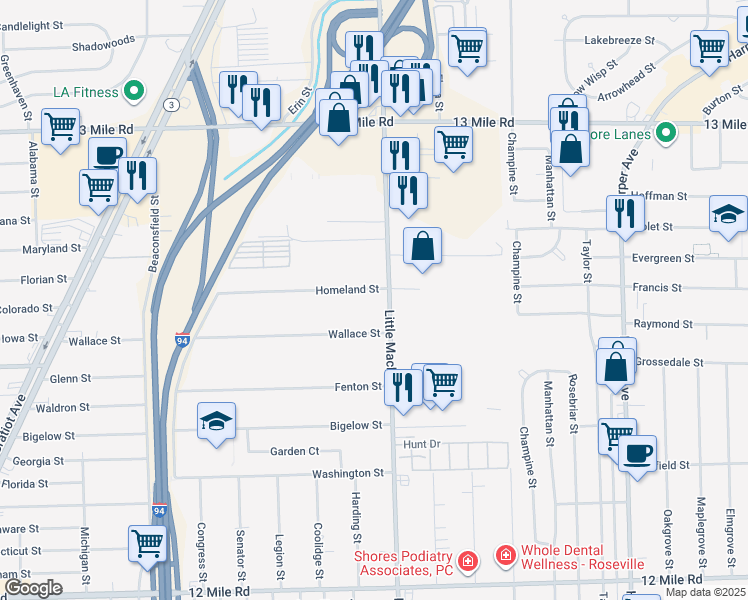 map of restaurants, bars, coffee shops, grocery stores, and more near 20390 Homeland Street in Roseville