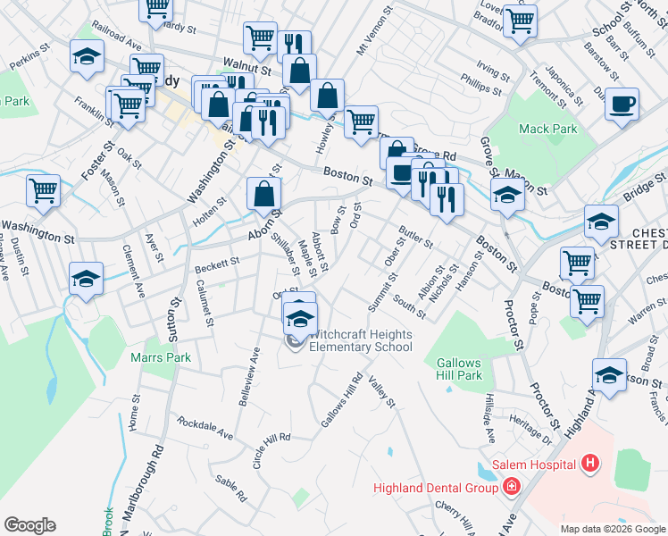 map of restaurants, bars, coffee shops, grocery stores, and more near 55 Ord Street in Salem