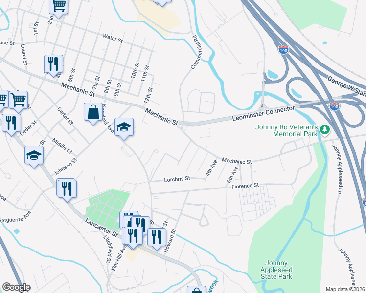 map of restaurants, bars, coffee shops, grocery stores, and more near 22 1st Avenue in Leominster