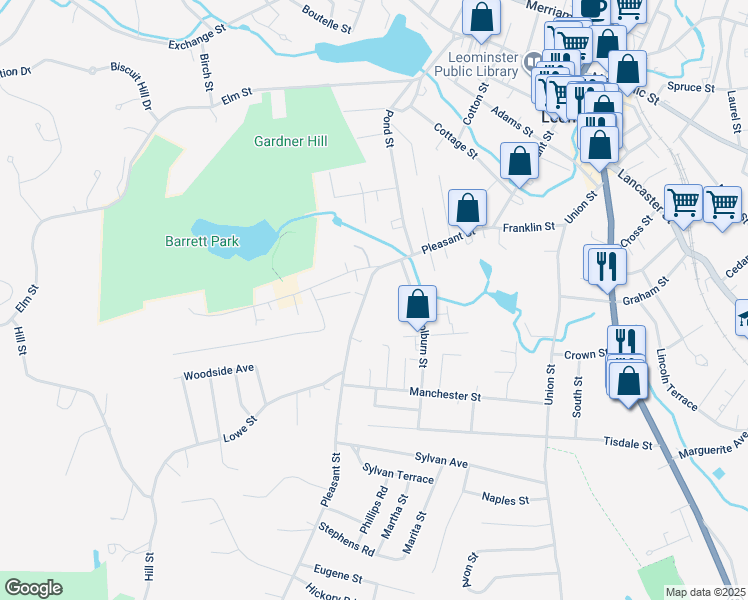 map of restaurants, bars, coffee shops, grocery stores, and more near 266 Pleasant Street in Leominster