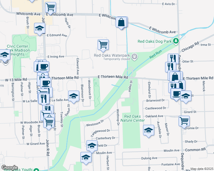map of restaurants, bars, coffee shops, grocery stores, and more near 540 East Thirteen Mile Road in Madison Heights