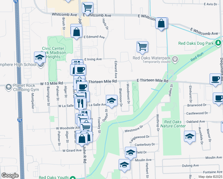 map of restaurants, bars, coffee shops, grocery stores, and more near 30787 Blairmoor Drive in Madison Heights