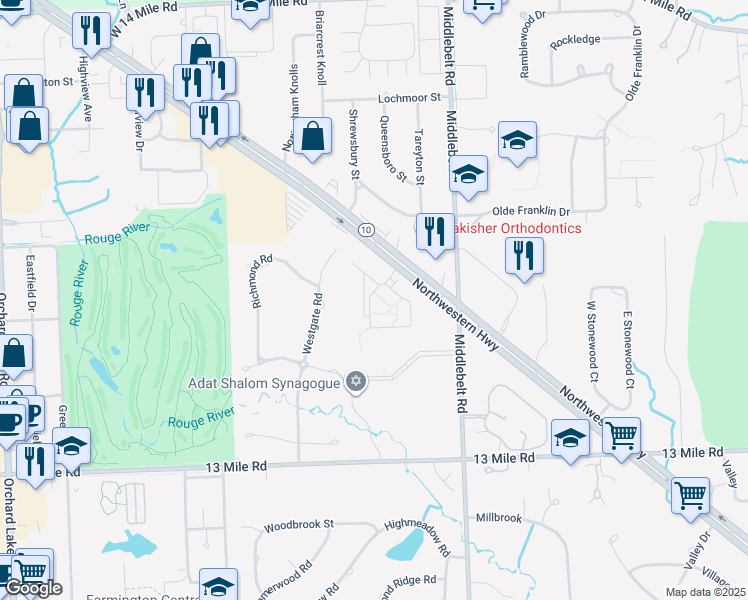 map of restaurants, bars, coffee shops, grocery stores, and more near 29950 Summit Drive in Farmington Hills