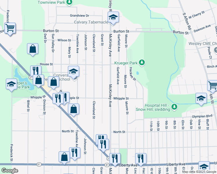 map of restaurants, bars, coffee shops, grocery stores, and more near 1540 McKinley Avenue in Beloit