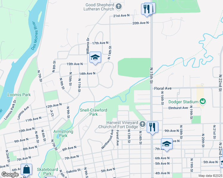 map of restaurants, bars, coffee shops, grocery stores, and more near 1349 13th Avenue North in Fort Dodge