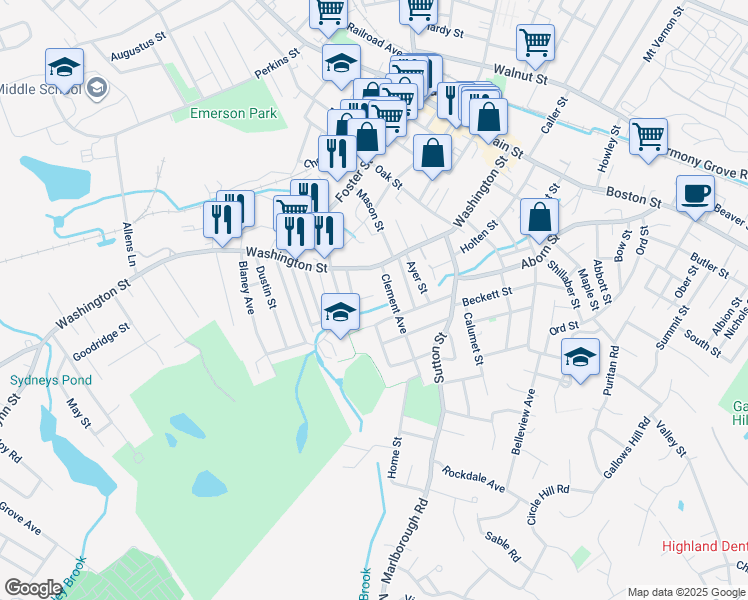 map of restaurants, bars, coffee shops, grocery stores, and more near 23 Parsons Street in Peabody