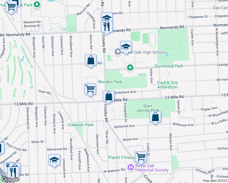 map of restaurants, bars, coffee shops, grocery stores, and more near 1607 West Windemere Avenue in Royal Oak