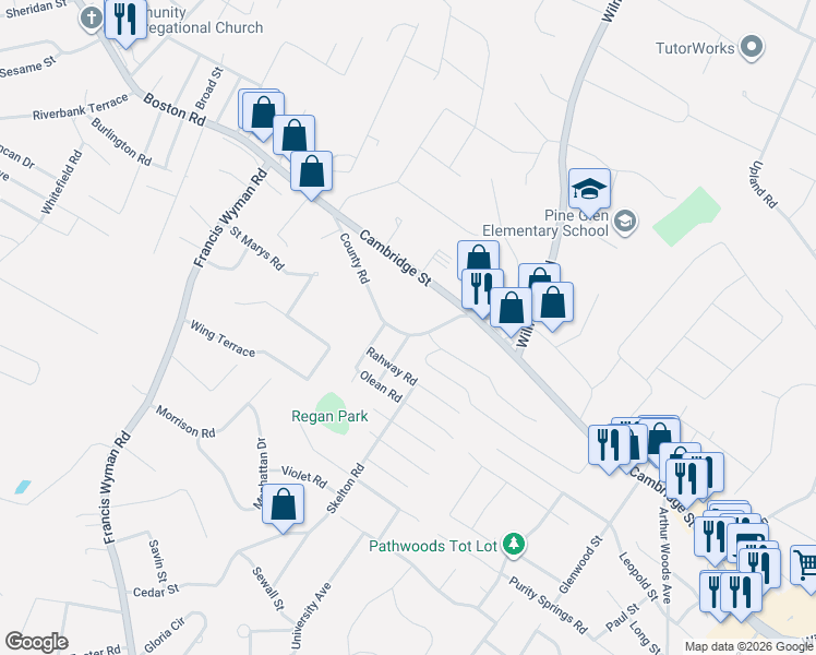 map of restaurants, bars, coffee shops, grocery stores, and more near 14 County Road in Burlington
