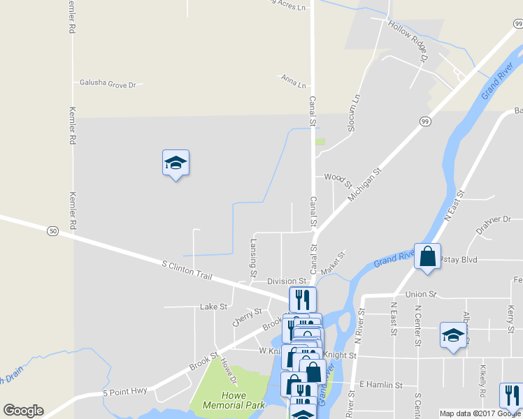 map of restaurants, bars, coffee shops, grocery stores, and more near 528 Lansing Street in Eaton Rapids