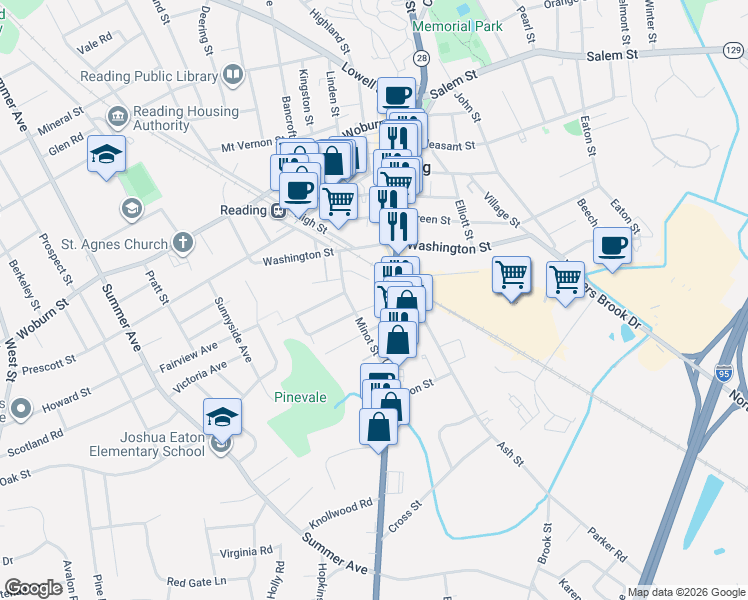 map of restaurants, bars, coffee shops, grocery stores, and more near 7 Edwin Street in Reading