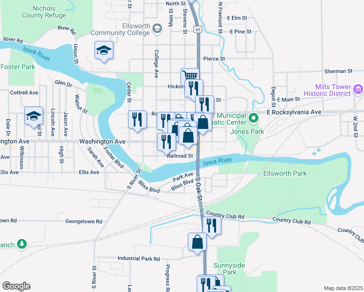 map of restaurants, bars, coffee shops, grocery stores, and more near 601 Washington Avenue in Iowa Falls