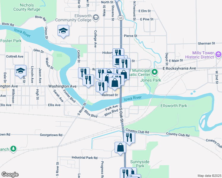 map of restaurants, bars, coffee shops, grocery stores, and more near 601 Washington Avenue in Iowa Falls
