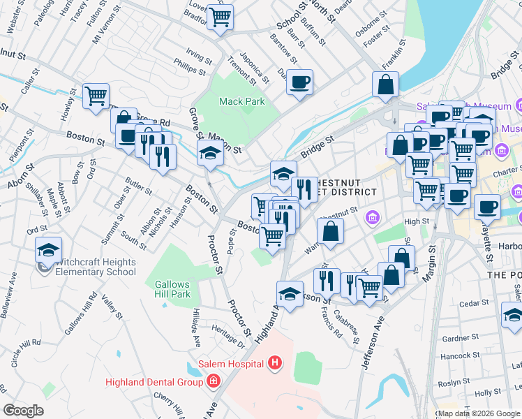 map of restaurants, bars, coffee shops, grocery stores, and more near 180 Federal Street in Salem