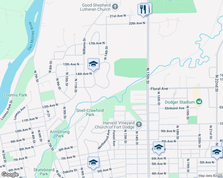 map of restaurants, bars, coffee shops, grocery stores, and more near 1349 13th Ave N in Fort Dodge