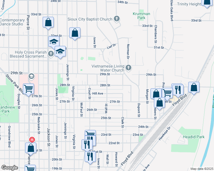 map of restaurants, bars, coffee shops, grocery stores, and more near 2798 Wall St in Sioux City
