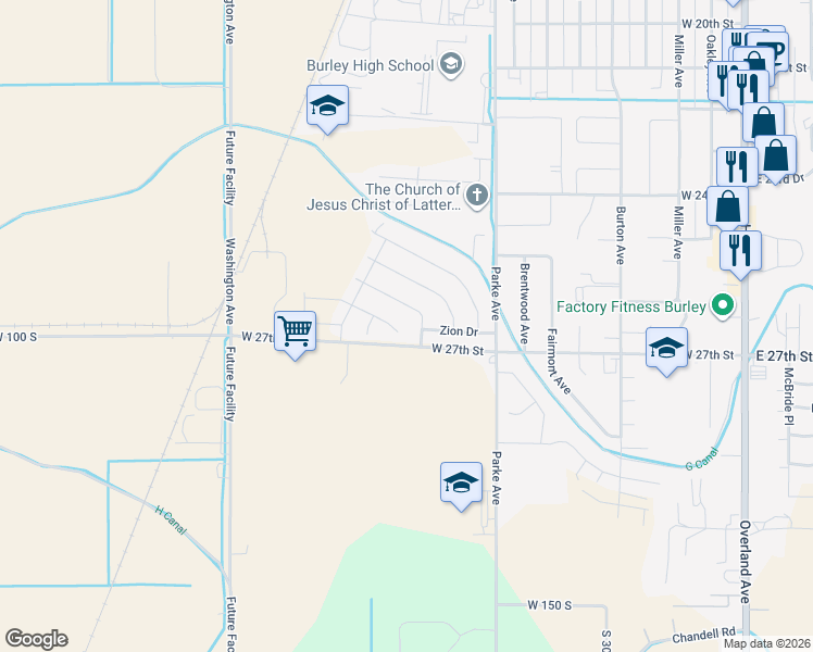 map of restaurants, bars, coffee shops, grocery stores, and more near 2668 South Yukon Trail in Burley
