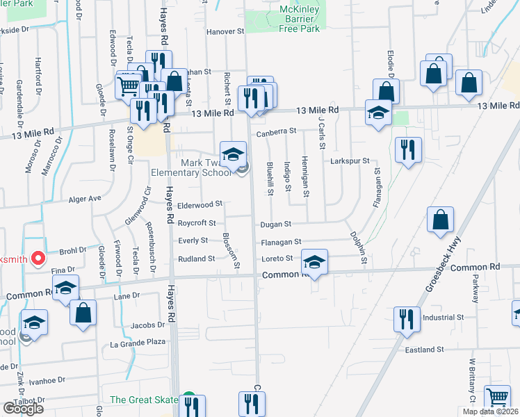 map of restaurants, bars, coffee shops, grocery stores, and more near 30236 Calahan Road in Roseville