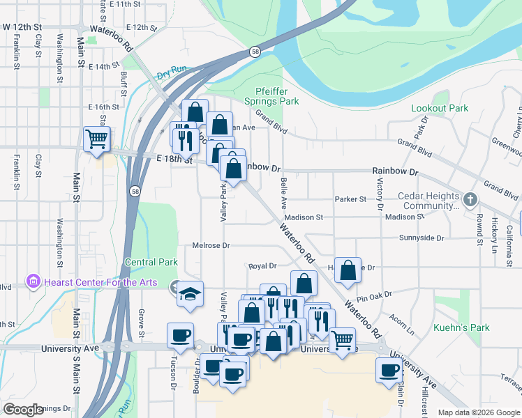 map of restaurants, bars, coffee shops, grocery stores, and more near 924 Madison Street in Cedar Falls