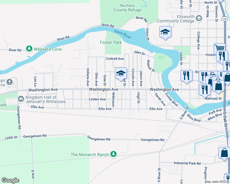 map of restaurants, bars, coffee shops, grocery stores, and more near 207 Wilkinson Ave in Iowa Falls