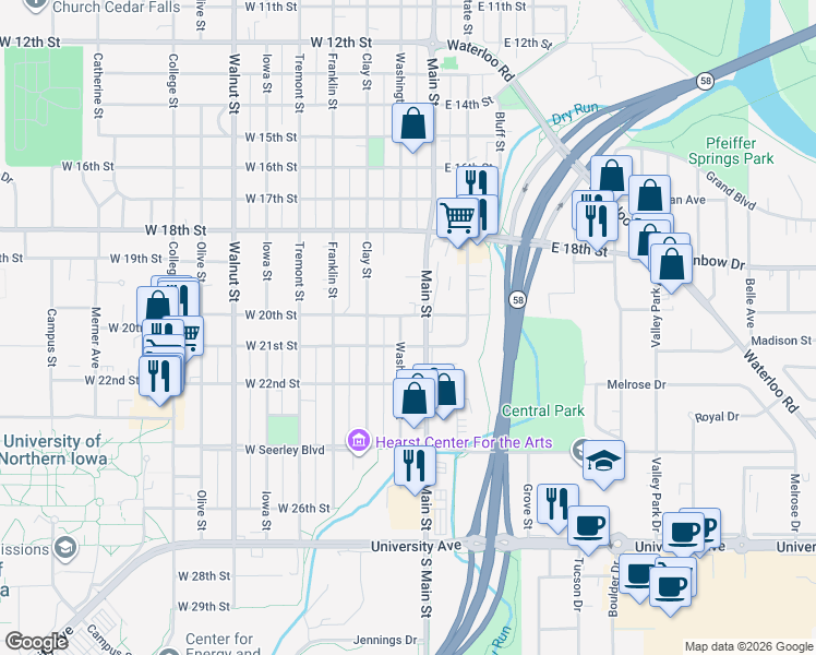 map of restaurants, bars, coffee shops, grocery stores, and more near 2022 Washington Street in Cedar Falls