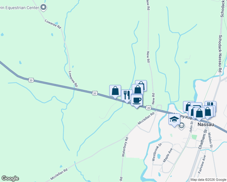 map of restaurants, bars, coffee shops, grocery stores, and more near 3566 U.S. 20 in Nassau