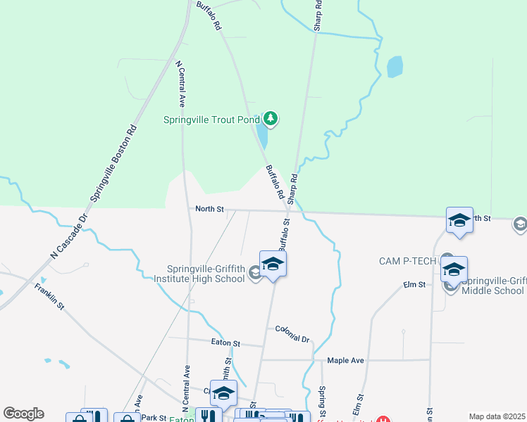 map of restaurants, bars, coffee shops, grocery stores, and more near 283 North Street in Springville