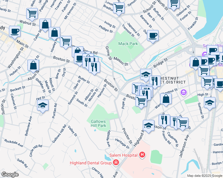 map of restaurants, bars, coffee shops, grocery stores, and more near 19 Putnam Street in Salem