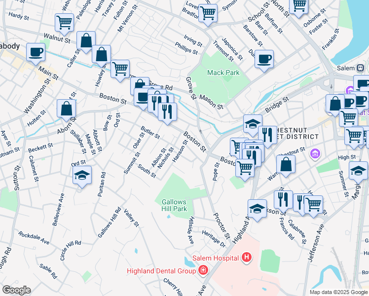 map of restaurants, bars, coffee shops, grocery stores, and more near 19 Putnam Street in Salem