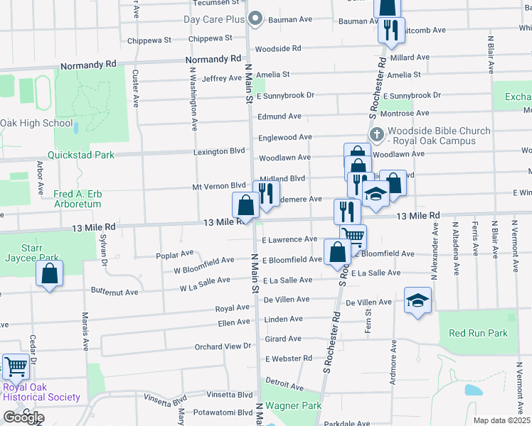 map of restaurants, bars, coffee shops, grocery stores, and more near 3224 North Main Street in Royal Oak