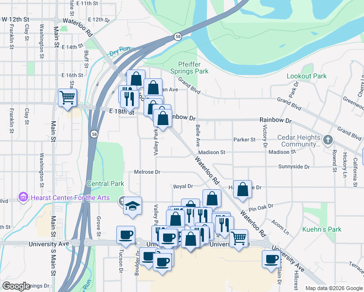 map of restaurants, bars, coffee shops, grocery stores, and more near 924 Madison Street in Cedar Falls