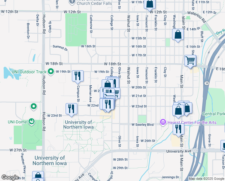 map of restaurants, bars, coffee shops, grocery stores, and more near 2022 College Street in Cedar Falls