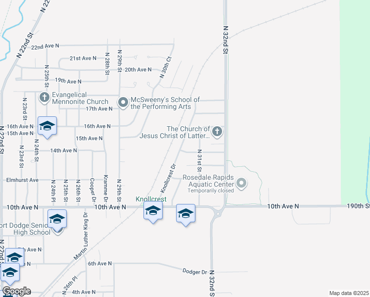 map of restaurants, bars, coffee shops, grocery stores, and more near 3015 14th Avenue North in Fort Dodge