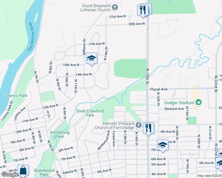map of restaurants, bars, coffee shops, grocery stores, and more near 1349 13th Ave N in Fort Dodge