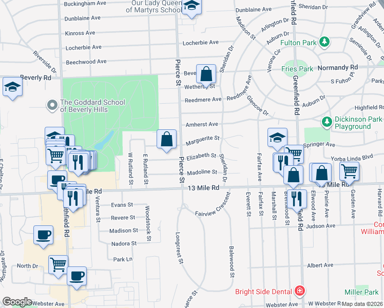 map of restaurants, bars, coffee shops, grocery stores, and more near 16249 Elizabeth Street in Beverly Hills