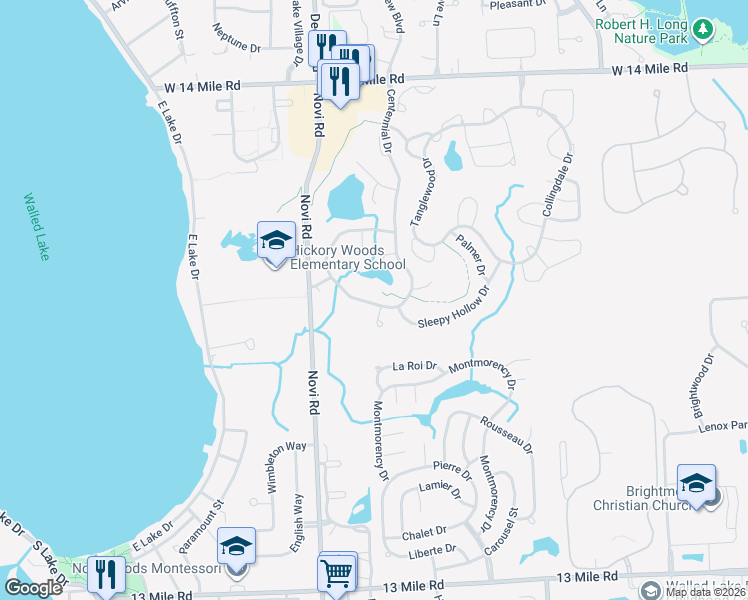 map of restaurants, bars, coffee shops, grocery stores, and more near 41776 Independence Drive in Novi