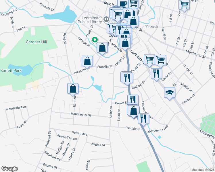 map of restaurants, bars, coffee shops, grocery stores, and more near 97 Union Street in Leominster