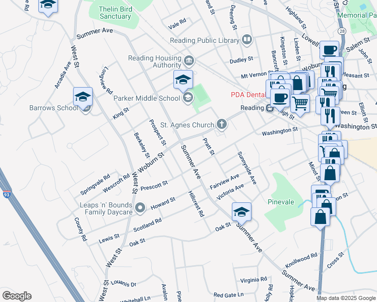 map of restaurants, bars, coffee shops, grocery stores, and more near 242 Summer Avenue in Reading