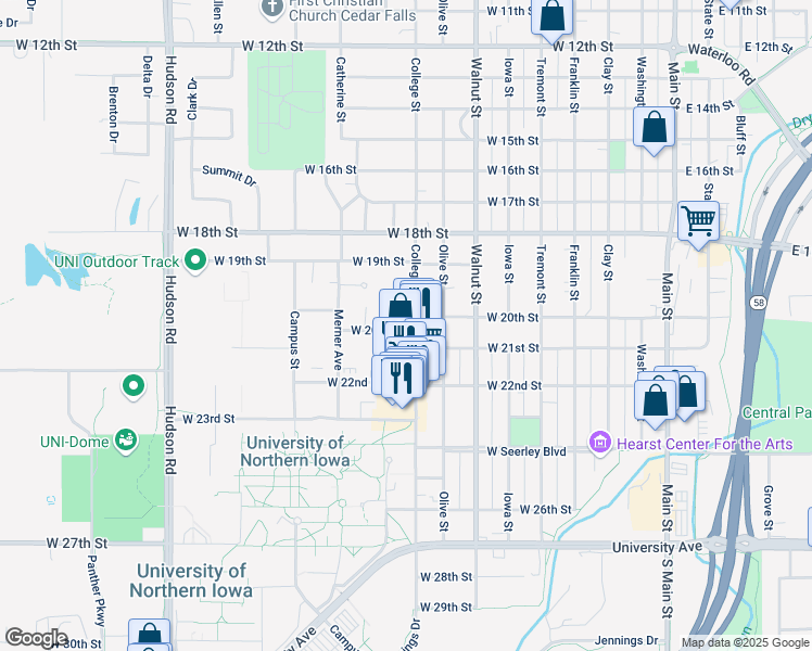 map of restaurants, bars, coffee shops, grocery stores, and more near 2007 College Street in Cedar Falls