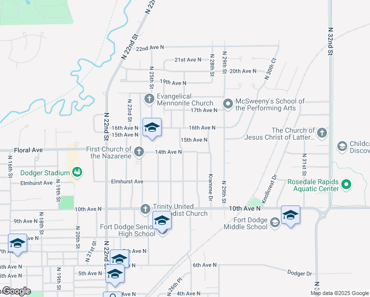 map of restaurants, bars, coffee shops, grocery stores, and more near 2420 14th Avenue North in Fort Dodge