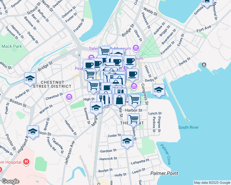 map of restaurants, bars, coffee shops, grocery stores, and more near 29 New Derby Street in Salem