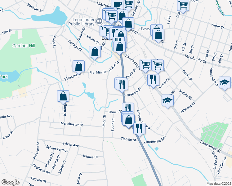 map of restaurants, bars, coffee shops, grocery stores, and more near 13 Graham Street in Leominster